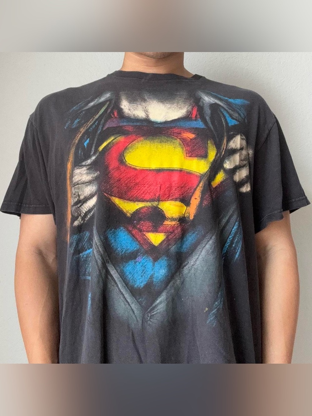 Vintage DC Superman Logo Graphics Black Tee Shirt AOP